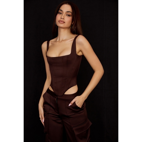 HOUSE OF CB Rafa Corset Chocolate Satin Top Small - Picture 11 of 15